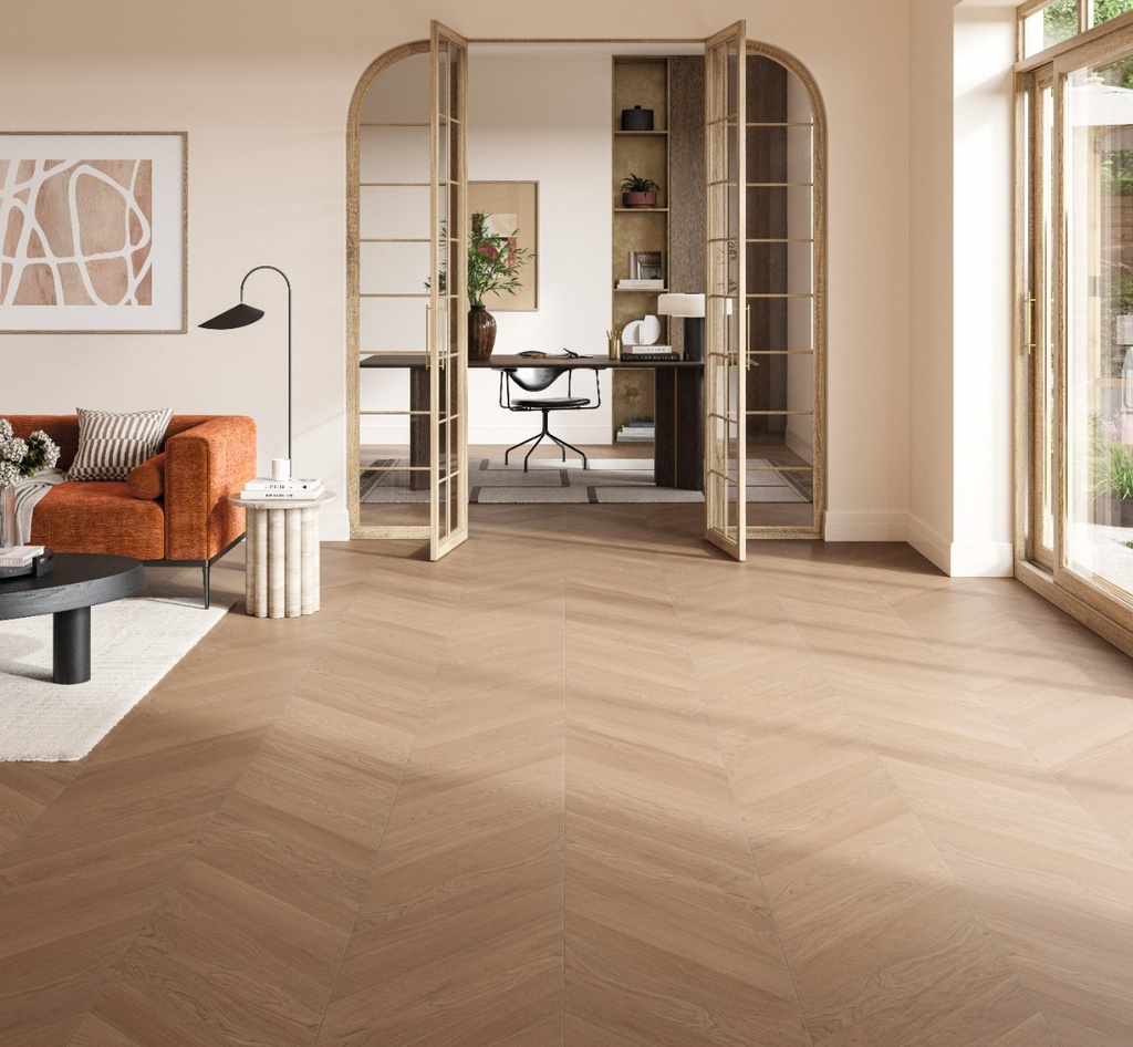 Parquet 3plis Trendtime 10 Chevron 45° (point de Hongrie) - Natur- chêne Tuscan vernis mat - 1 frise monol.mini-chf-610x90x15mm-CU: 3.5mm - raine-crêté - 0.878 m2/cart. - 42.163m2/palette - 8.69 kg/m2