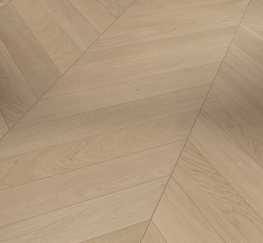 Parquet 3plis Trendtime 10 Chevron 45° (point de Hongrie) - Natur- chêne Dune vernis mat - 1 frise monol.mini-chf-610x90x15mm-CU: 3.5mm - raine-crêté - 0.878 m2/cart. - 42.163m2/palette - 8.69 kg/m2